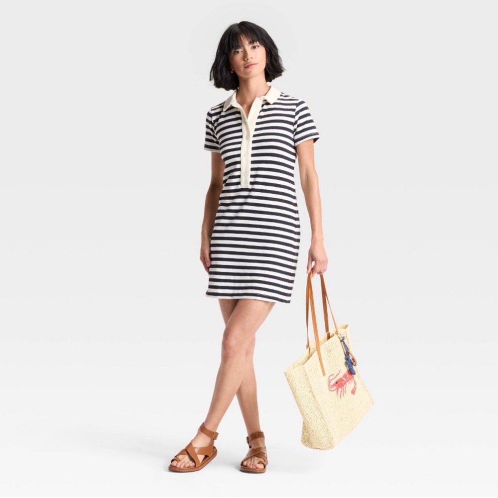 Short Sleeve Blue Striped Polo Knit Mini Shirtdress - Universal Thread Women’s S